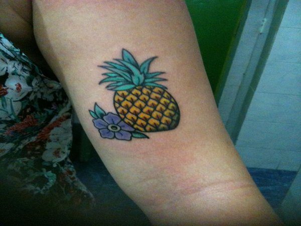 Small Colored Pineapple with Purple Flower Tattoo