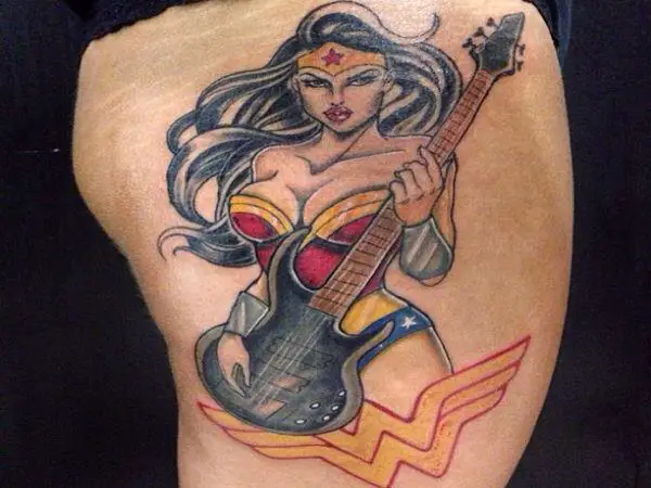 Wonder Woman Tattoo with Symbol and Black Electric Guitar