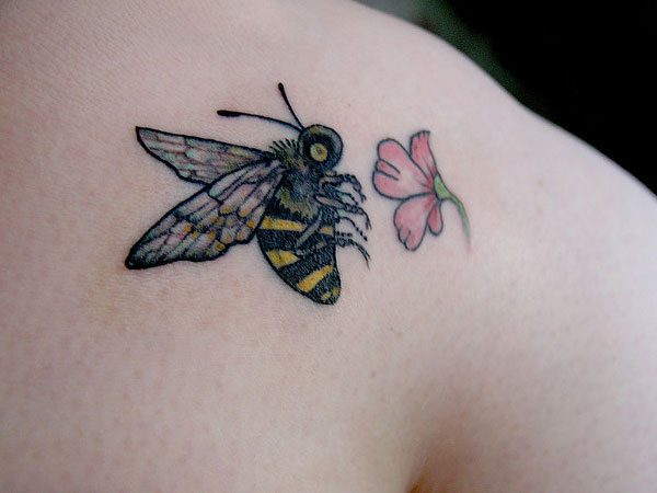 Big Bee and Pink Flower Tattoo