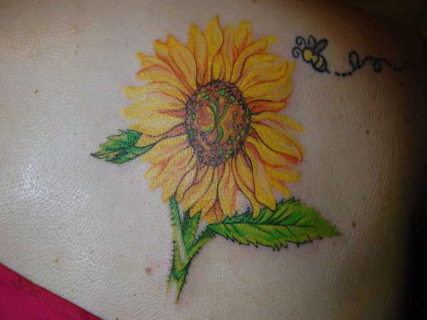 Bee Buzzing Around Giant Sunflower Tattoo