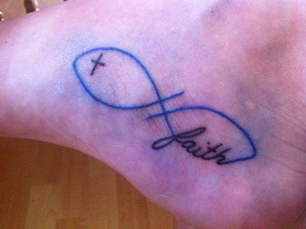 Simple Fish Foot Tattoo In Blue Ink with the Word Faith