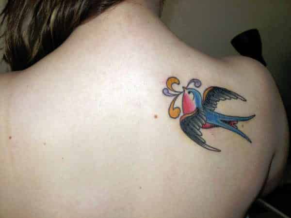 Back of Shoulder Colored Sparrow Tattoo