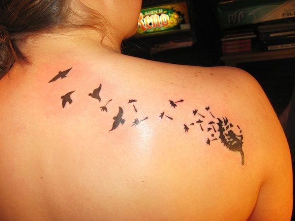 Black Ink Dandelion Shoulder Tattoo That Turns Into Sparrows
