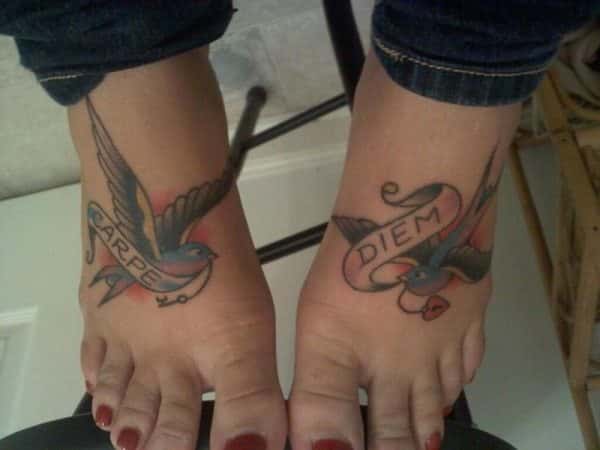 Colored Top of Foot Sparrow with Heart, Key, and Carpe Diem Banner