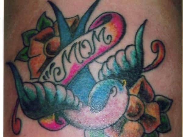 Blue Sparrow Mom Tattoo with Flowers