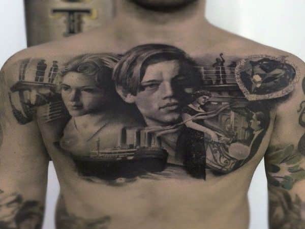 Titanic Movie Tattoo with Ship, Jack, Rose, the Heart of the Ocean Necklace, and Various Scenes