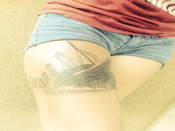 Titanic Sinking Ship Thigh Tattoo