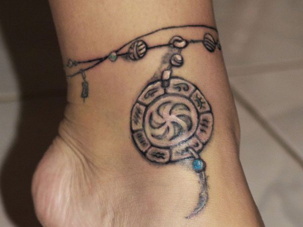Dream Catcher Ankle Tattoo with Feather and Blue Beads