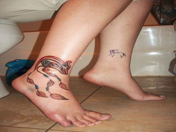 Colored Native American Bear Ankle Tattoo with Dream Catcher, Beads, and Feathers