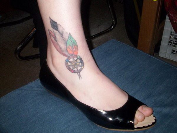 Dream Catcher Ankle Tattoo with Star Center and Three Colored Feathers