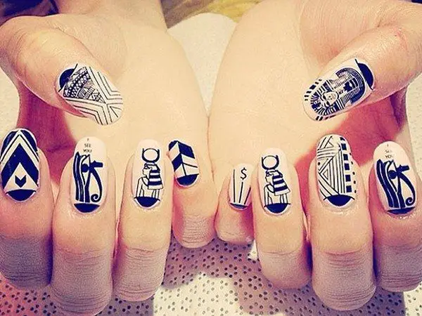 White Nails with Black Painted Typical Egyptian Designs and Symbols