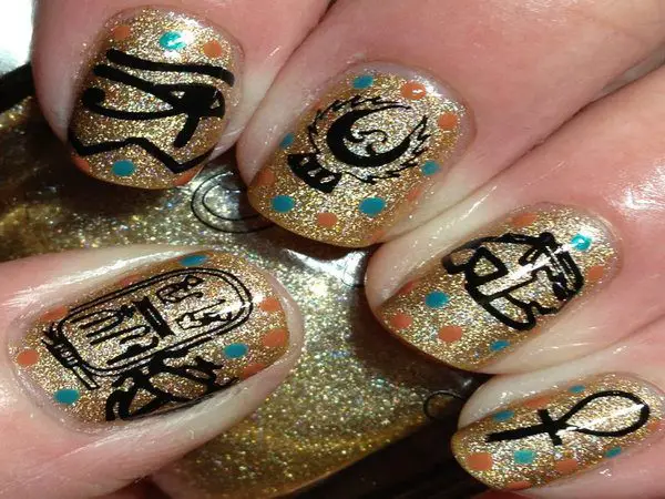 Gold Glitter Egyptian Design Nails with Blue and Orange Dots