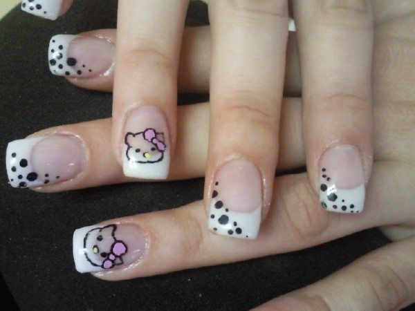 Plain Nails with Black Polka Dots and Hello Kitty