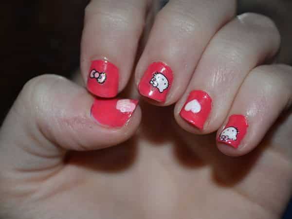 Red Hello Kitty Nails with White Hearts