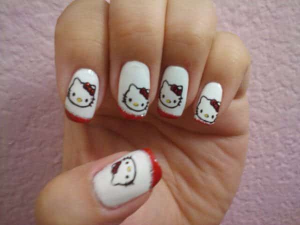 White Nails with Hello Kitty and Red Tips