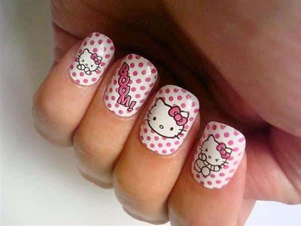 White and Pink Polka Dot Nails with Hello Kitty and the Word Boom