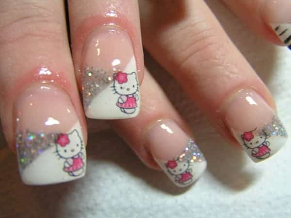 Half White and Half Silver Glitter Nails with Hello Kitty