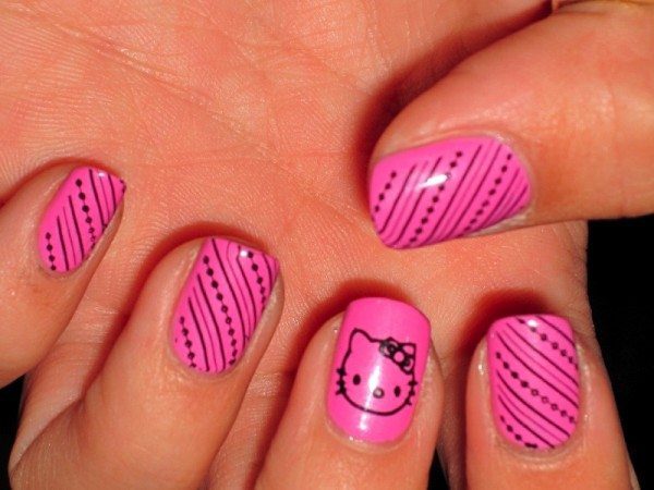 Pink Nails with Hello Kitty and Black Stripes