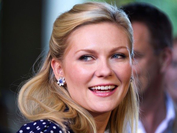 Kirsten Dunst with Pulled Back Hair and Blue Polka Dotted Dress