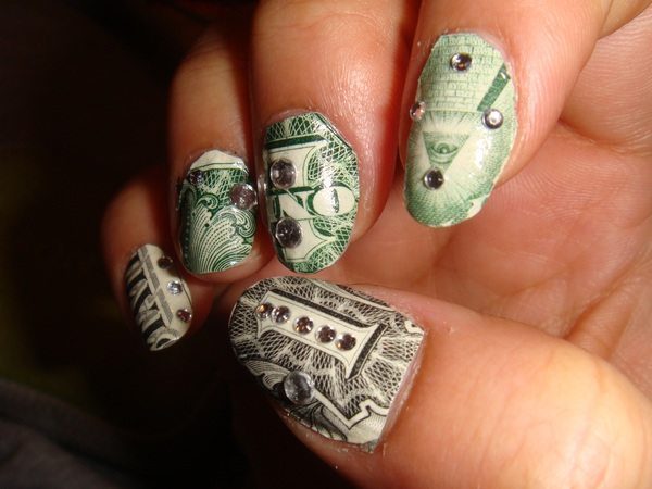 Dollar Bill Nails with Rhinestone Decorations