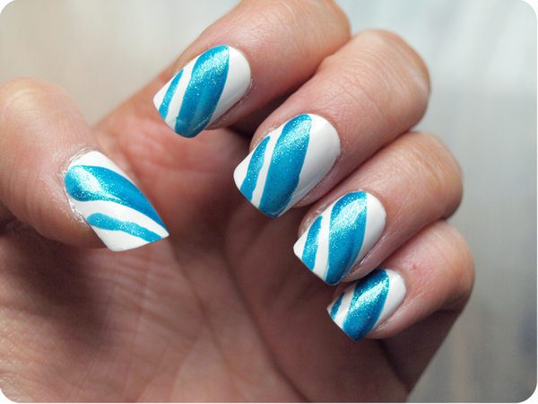 White Nails with Blue Stripes