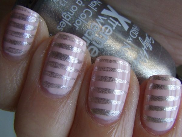 Pink and Silver Striped Nails