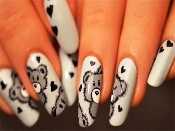 White Nails with Grey Bears and Hearts