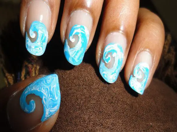 Plain Nails with Blue and White Swirled Waves