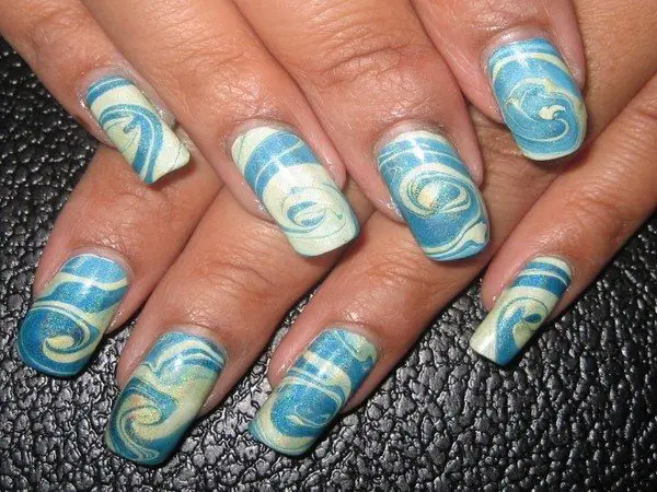 Blue and White Swirled Nails