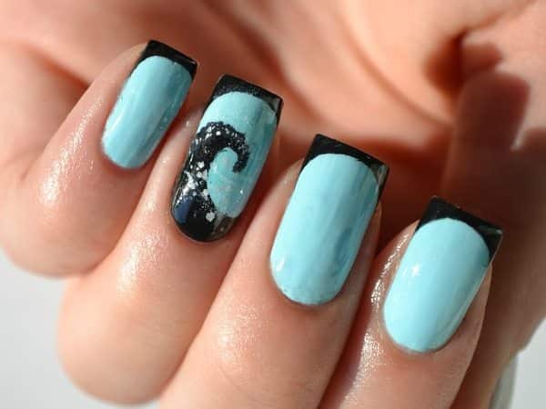 Light Blue Nails with Black Waves and Black Tips