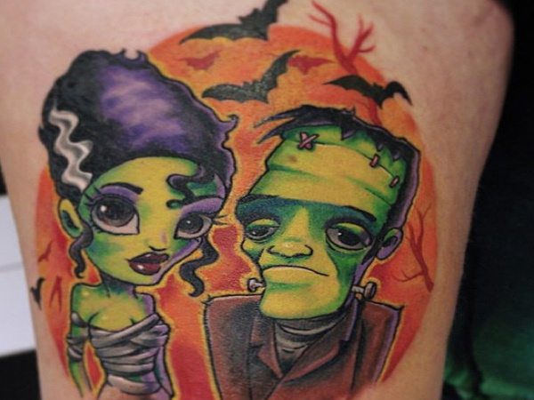 Cartoon Frankenstein and the Bride Wearing Clothes