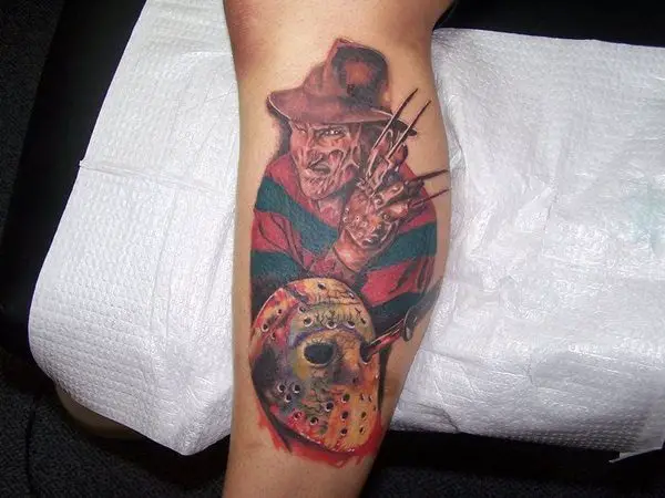 Colored Freddy Krueger Tattoo with Jason Voorhees Mask