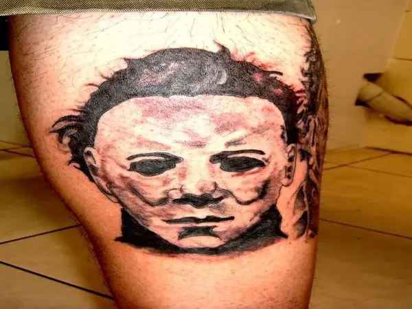 Michael Myers Mask Leg Tattoo Done In Black Ink