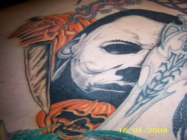 Michael Myers Tattoo with Knife and Pumpkins