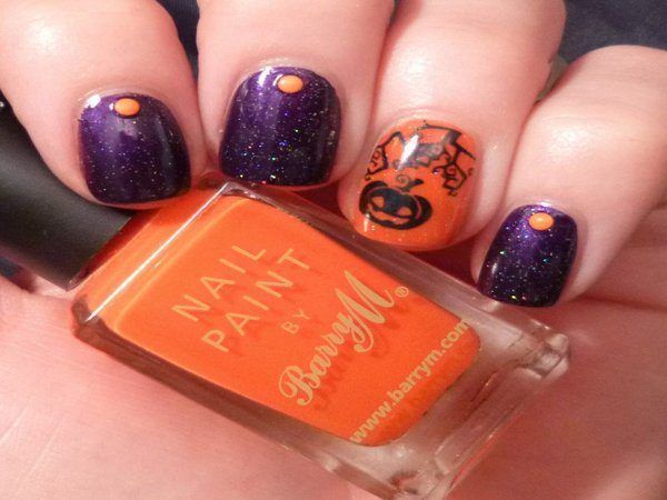 Dark Purple Glitter Nails with Single Orange Nail, Black Pumpkins, and Orange Stones