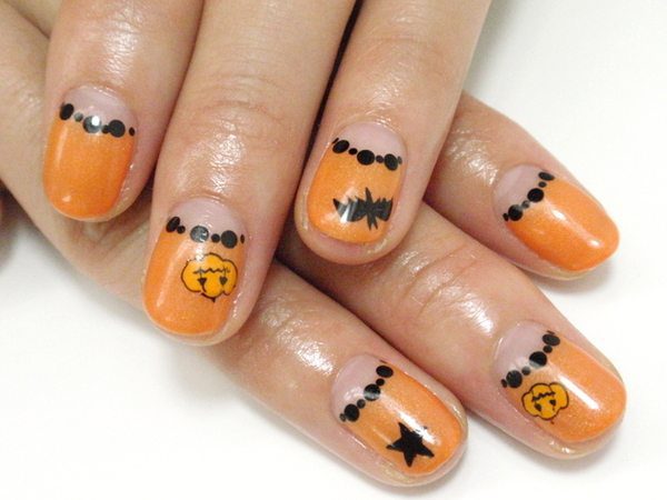 Orange Nails with Black Dot Outlines, Pumpkins, Bats, and Stars