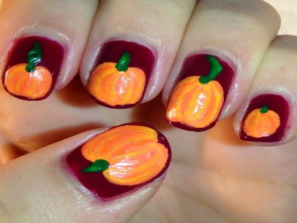 Maroon Nails with Pumpkins