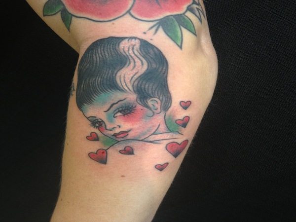 Cartoon Bride of Frankenstein Tattoo with Hearts