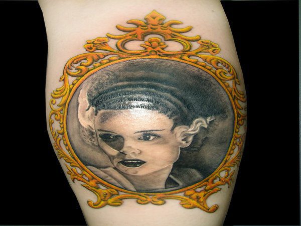 3-D Bride of Frankenstein In Gold Frame Tattoo