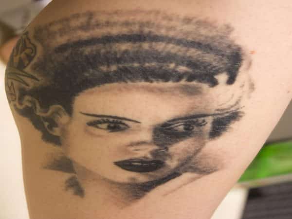 Black and White Bride of Frankenstein Tattoo Looking Sideways