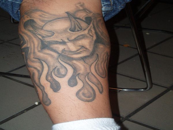 Black Ink Devil and Flames Tattoo