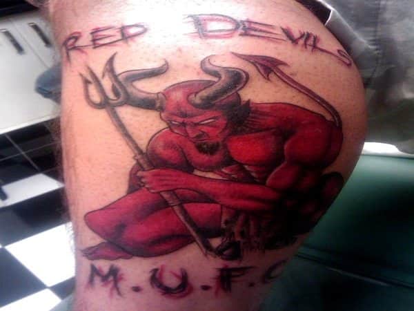 Red Devil with Horns, Tail, and Pitchfork Tattoo