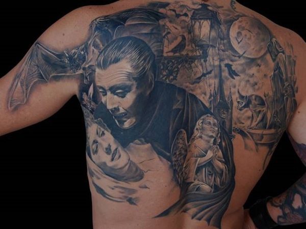 Dracula Standing Over Victim Black Ink Tattoo