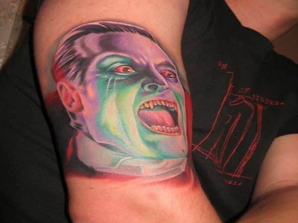 Colored Dracula Tattoo with Mouth Open Tattoo