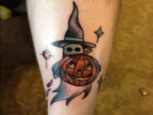 Ghost Tattoo with Witch Hat and Carrying Pumpkin Tattoo