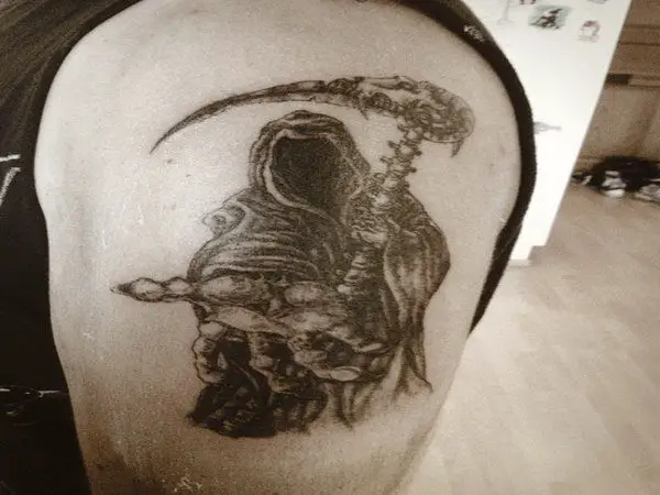 Black Ink Grim Reaper Beckoning Tattoo