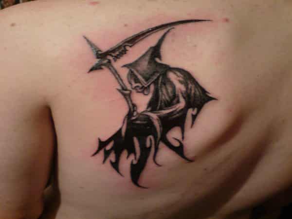 Celtic Grim Reaper with Scythe Back of Shoulder Tattoo
