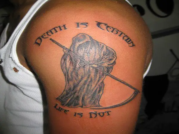 Death Is Certain Life Is Not Grim Reaper Arm Tattoo