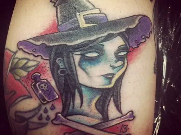Colored Witch Tattoo with Glowing Eyes, Purple Poison Bottle, and Purple Hat