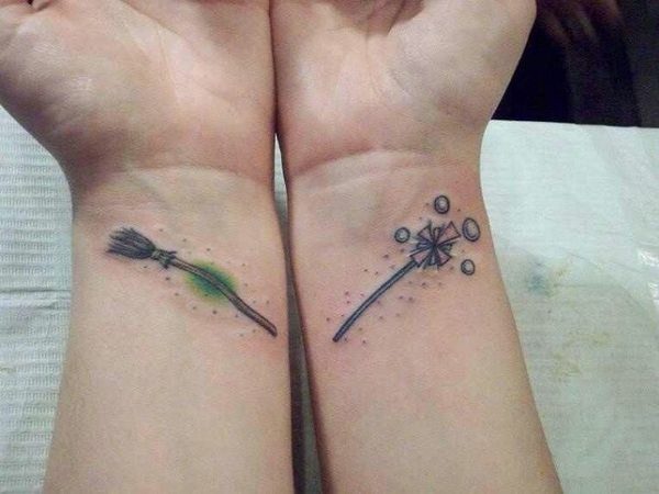 Witch Broom and Magic Wand Colored Wrist Tattoos